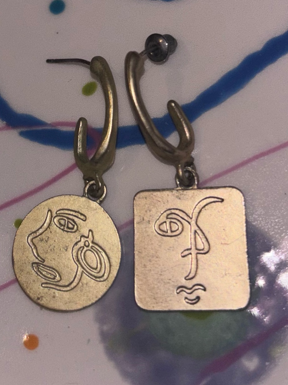 Abstract Face Drop Earrings in Brushed Gold